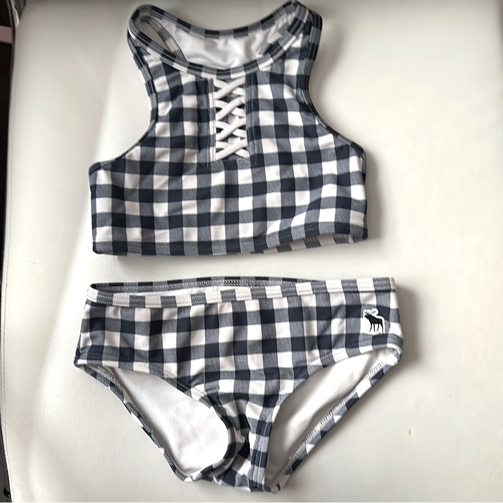ABERCROMBIE KIDS two-piece swimsuit in stylish black & white checkered design.